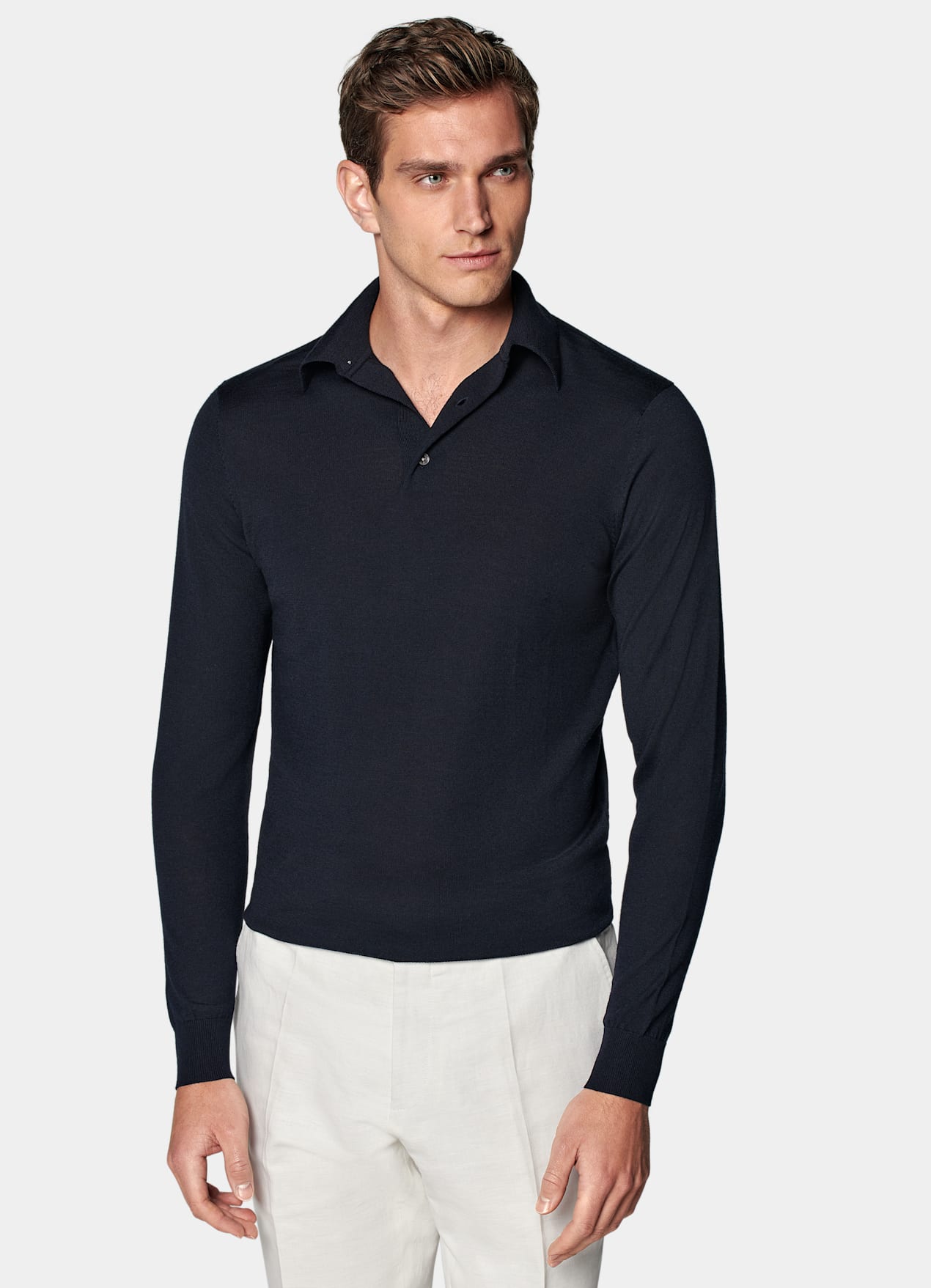 Polo manches longues Merino bleu marine