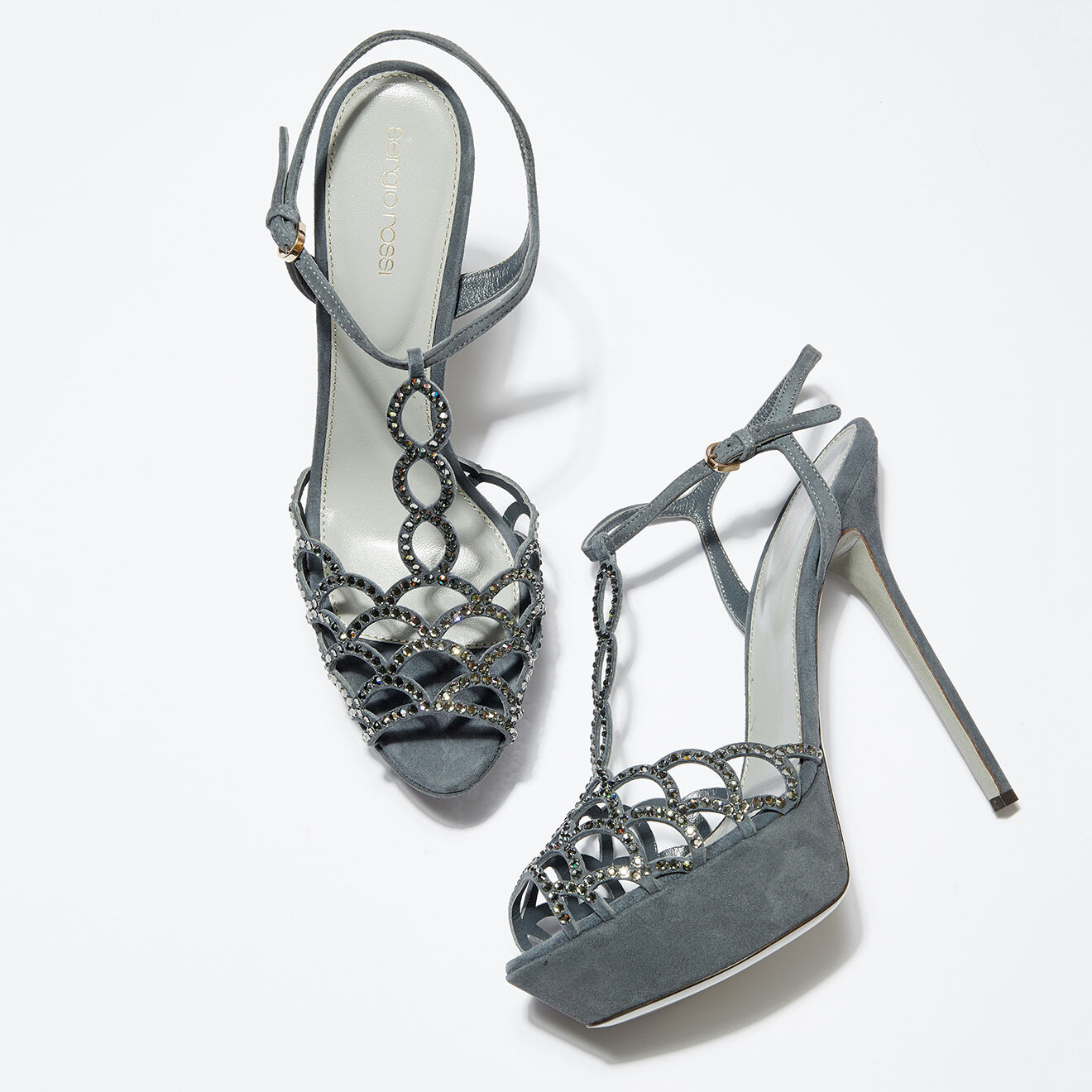 Sergio Rossi Sandales en Velours de Cuir Diamond strassées bleu gris Talon 14.5 cm