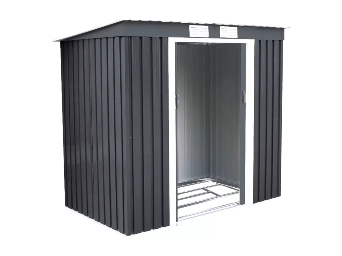 Abri de Jardin en Métal 2,769 ㎡, Toit en Pente avec Cadre de Fondation et Porte Coulissante, Abri Jardin Exterieur en Tôle Galvanisée à 2 Fenêtres de Ventilation 213 x 130 x 173 cm, Gris