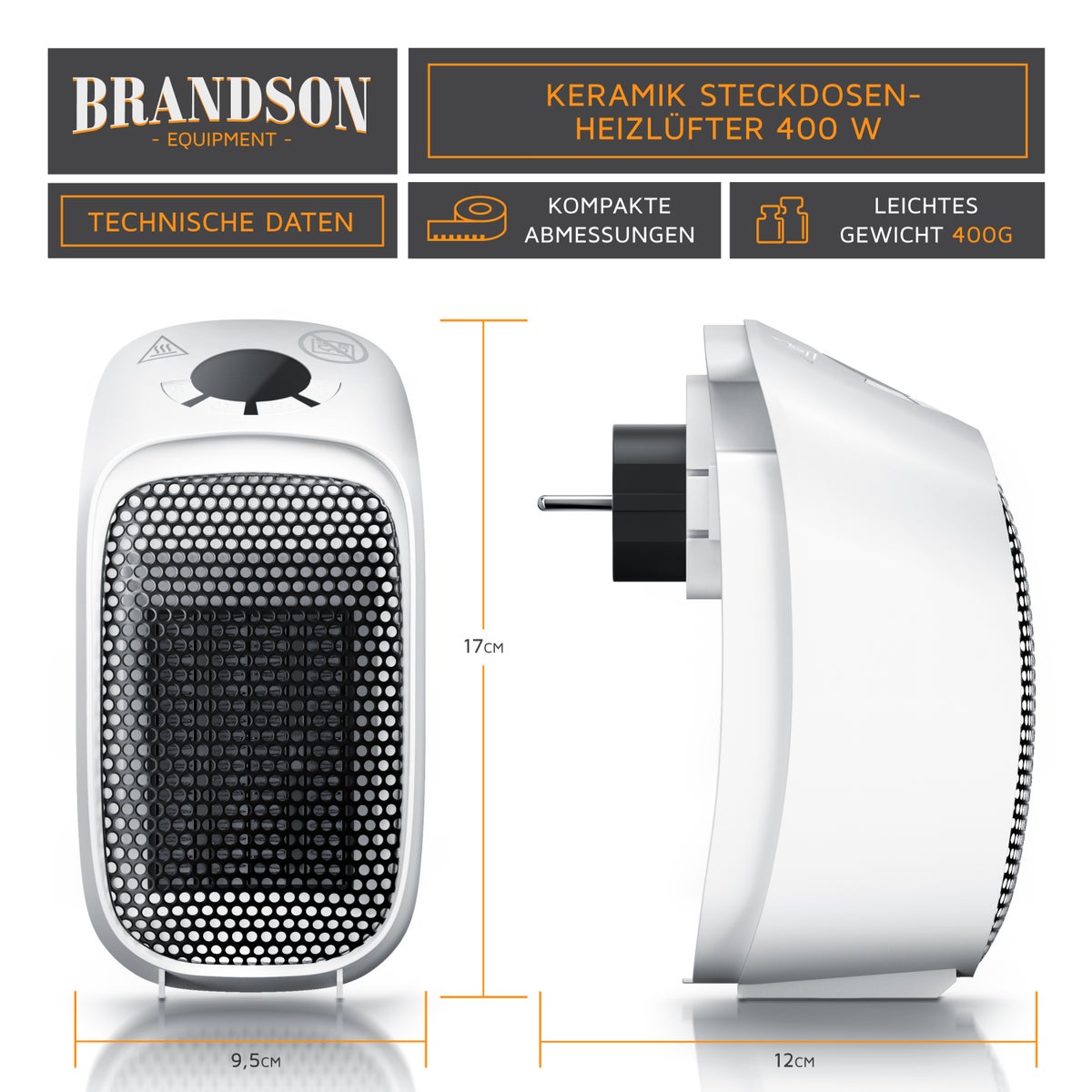 Brandson Plug-in ventilatorkachel met afstandsbediening en timer, 400W ventilatorkachel, oververhittingsbeveiliging, automatische uitschakeling, wit