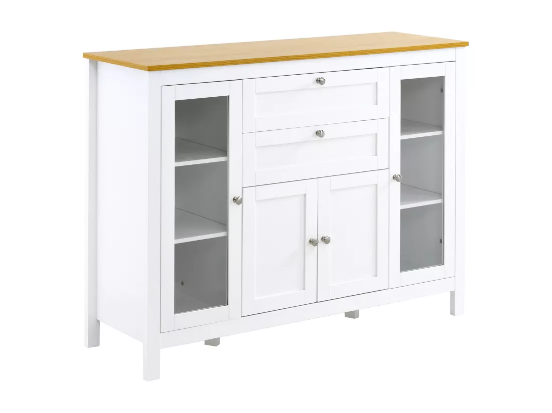 Buffet style classique chic multi-rangement 2 portes 2 étagères réglables 2 tiroirs coulissants placard 2 portes MDF blanc plateau aspect bois clair