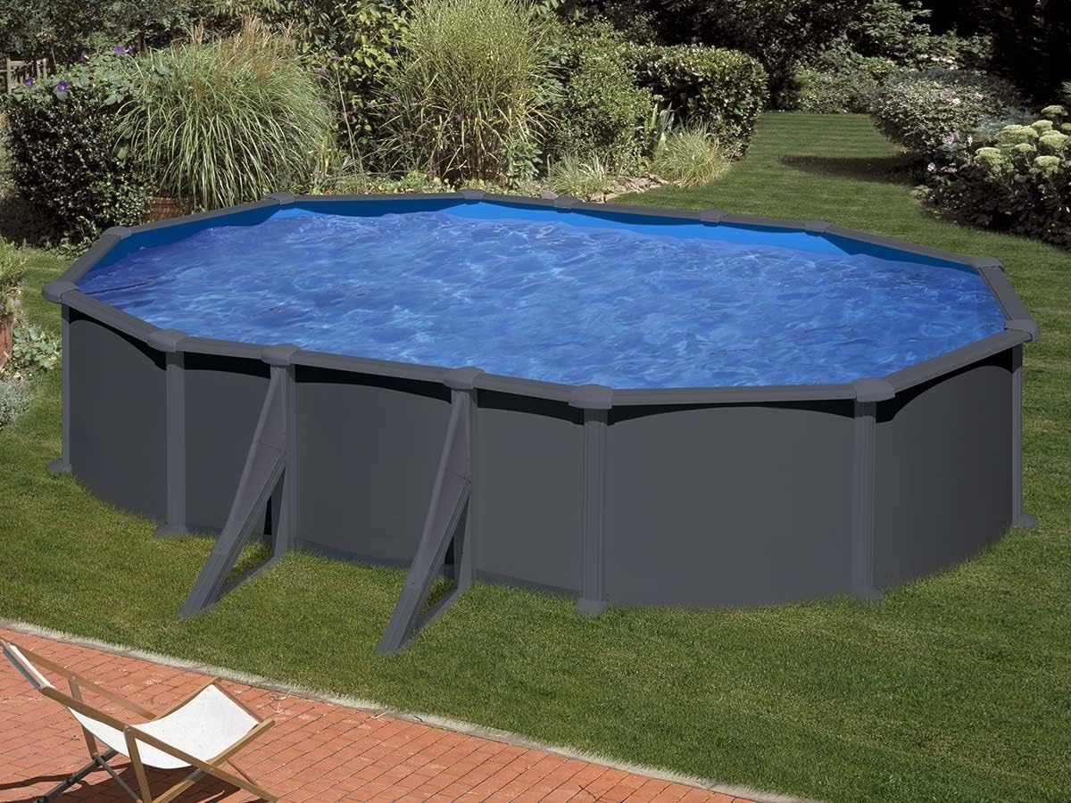 Gre Pools Pool Oval Stahl 6,34 m x 3,99 m x 1,32 m – Anthrazitgrau – Sandfilteranlage – sichtbare Verstärkungen
