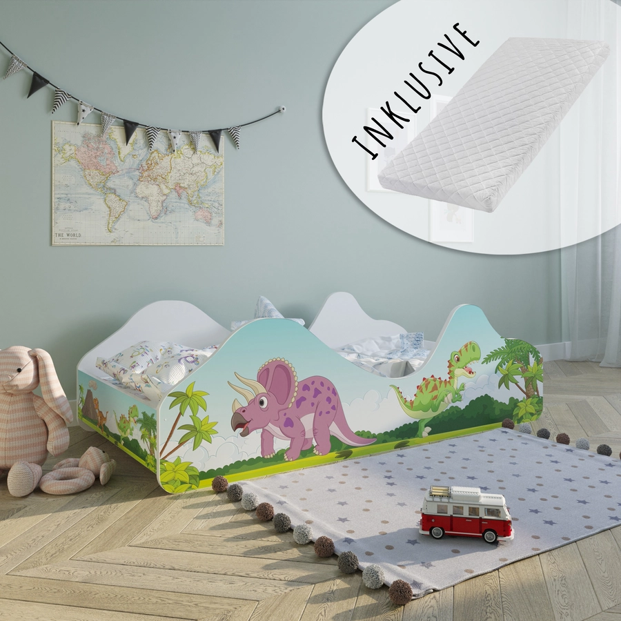 Kids Collective Kinderbett Jugendbett 80x160 mit Rausfallschutz | Kinder Spielbett mit Lattenrost Dino Motiv mit Matratze