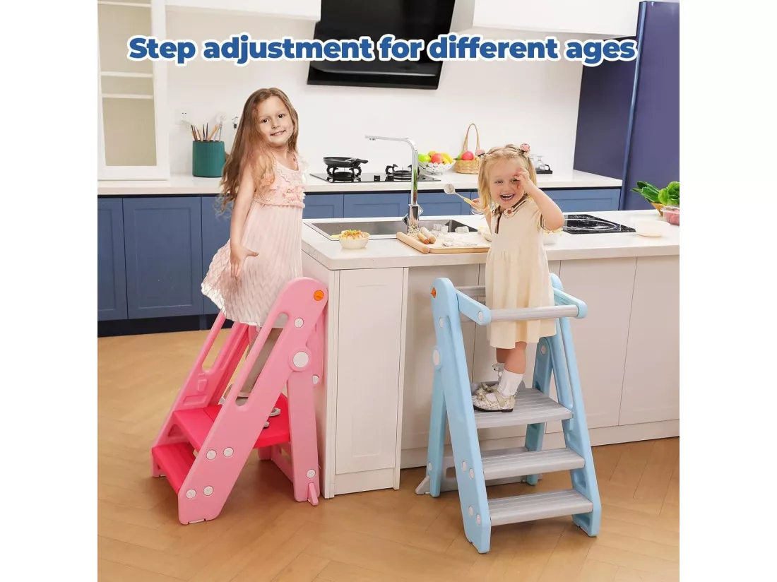 Onasti Chaise Haute Bébé HDPE,Tour d'Apprentissage 18 mois-6 ans Hauteur Réglable,Repose-pieds Antidérapants,Pliable,Sécurité - Bleu