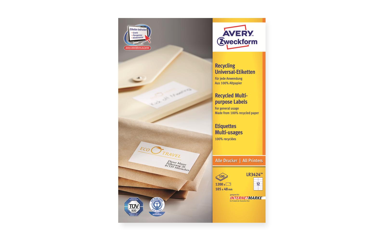 Universal-Etiketten LR3424 105 x 48 mm, 100 BlattRecycling Etiketten