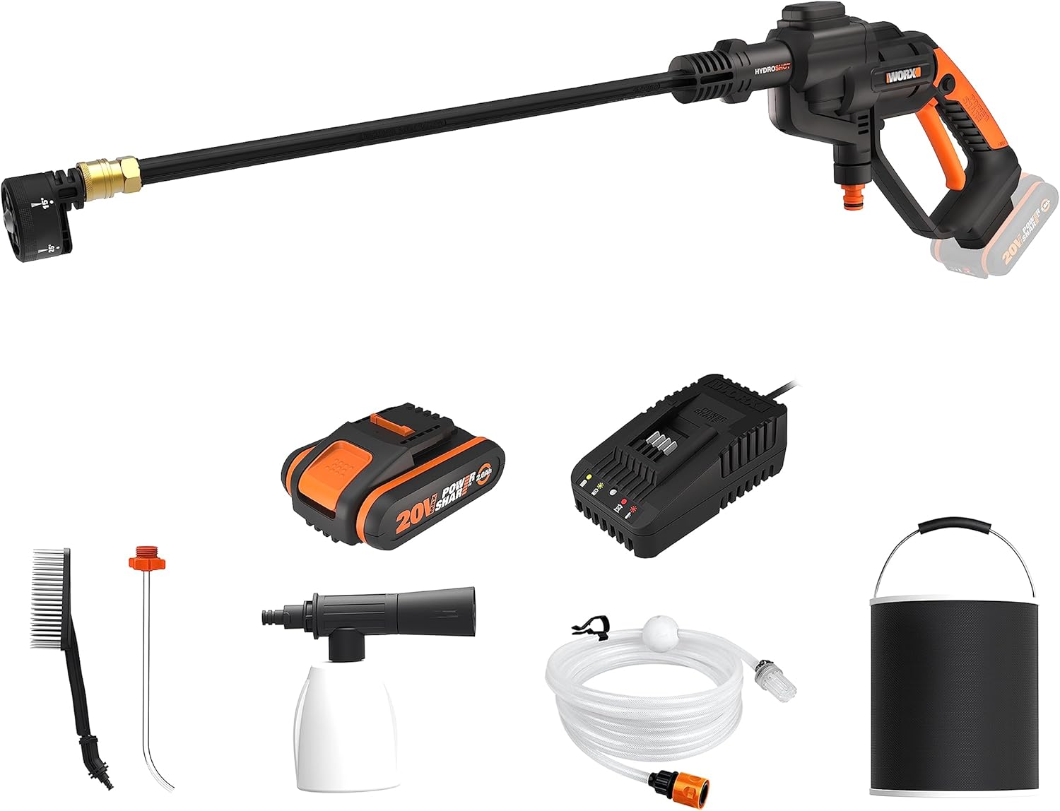 WORX WG620E.2 Akku Hochdruckreiniger Hydroshot 20V – Mobiler Hochdruckreiniger inkl. Multi-Sprühdüse, Waschbürste, Schaumdüse, Flaschenadapter, 6m Schlauch, Ladegerät & 20V Li-Ion Akku