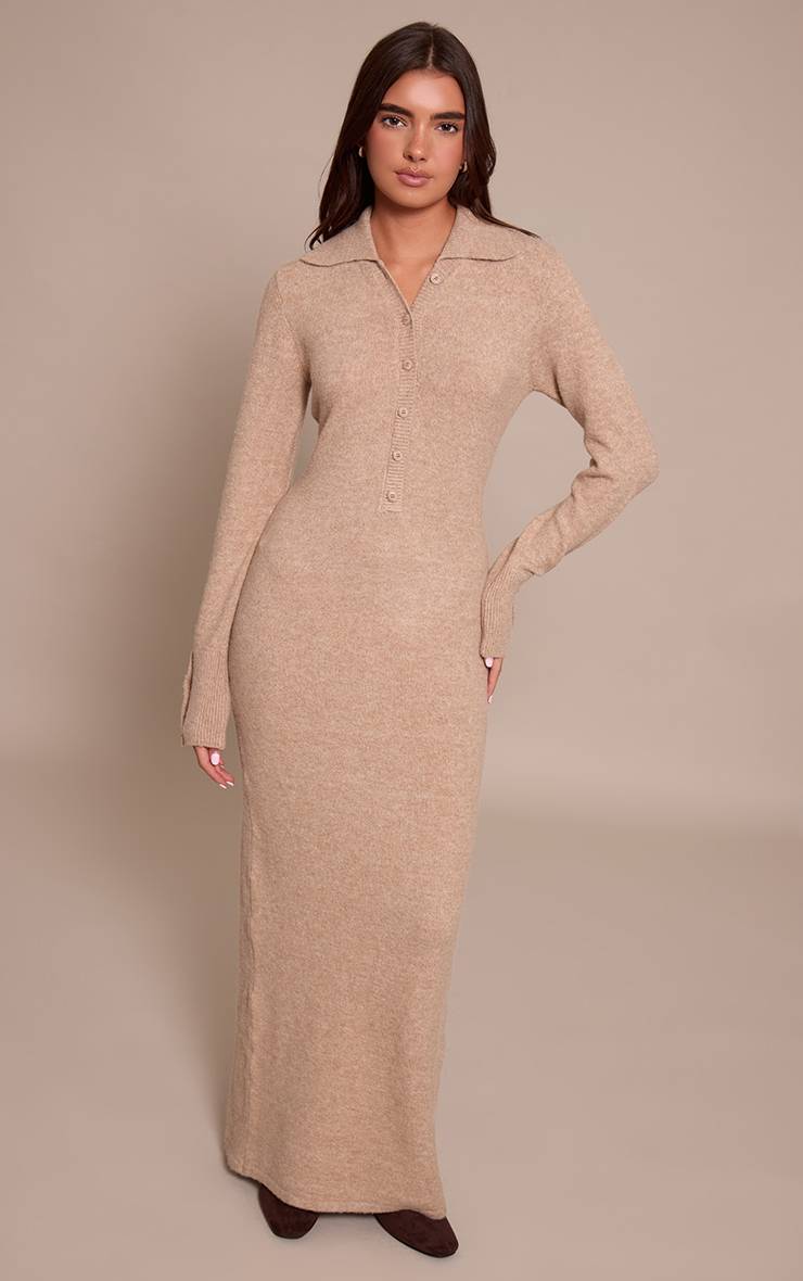 Avoine Robe Maxi En Maille Bouclette Douce Avec Col Et Boutonnière