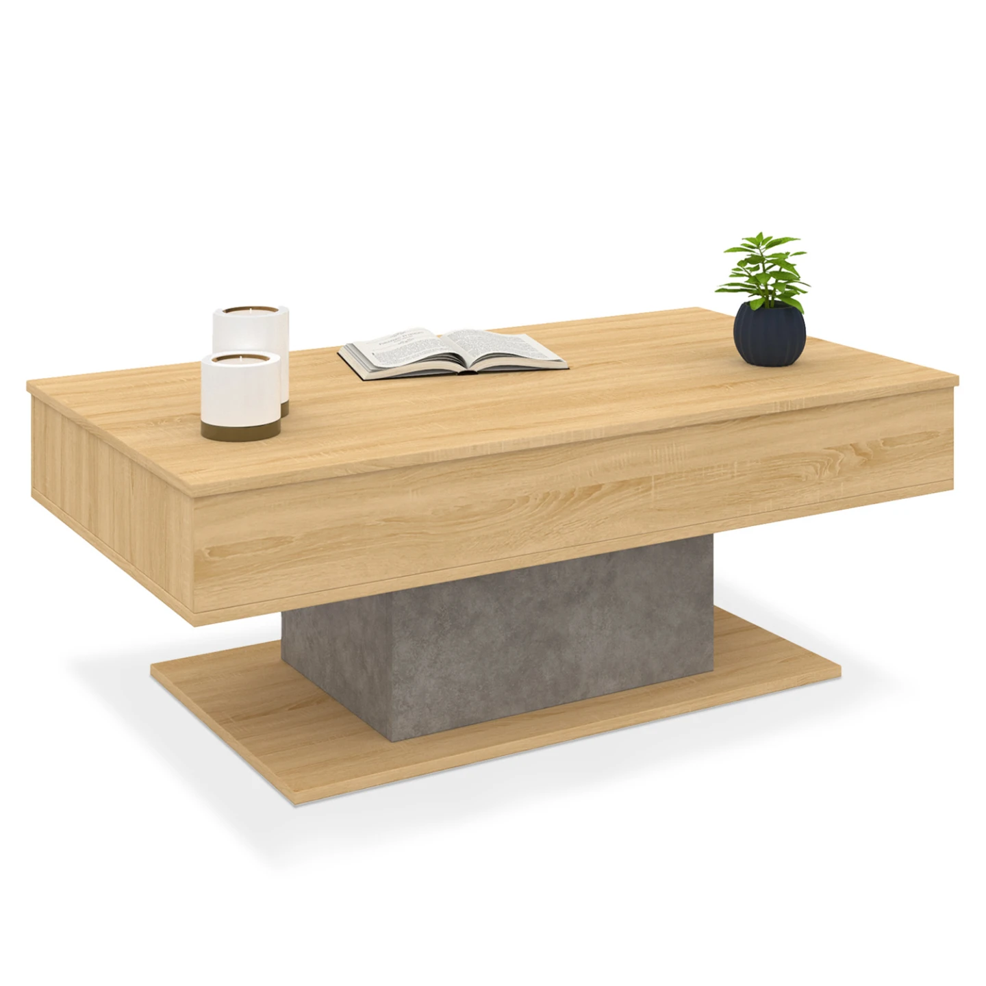 Table basse plateau relevable rectangulaire EDEN bois et effet béton