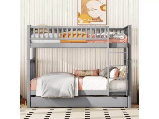Lit superposé 2x90x200cm avec un lit gigogne 90x190cm - avec garde-corps et escalier - Gris