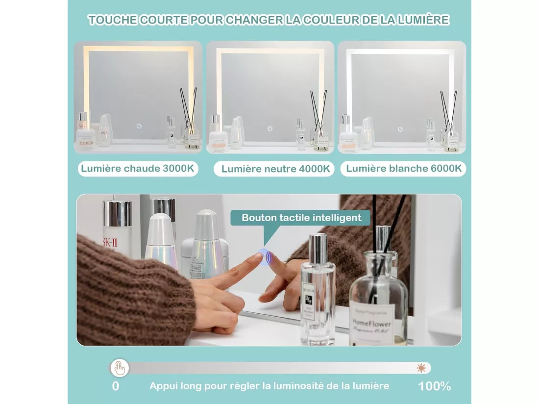 Coiffeuse avec Miroir Lumineux et Tabouret, Table de Maquillage Luminosité Réglable Cadre en Acier Doré avec 2 Grand Tiroirs, 2 Étagères, 1 Compartiment pour Chambre, Vestiaire (Blanc+Doré)