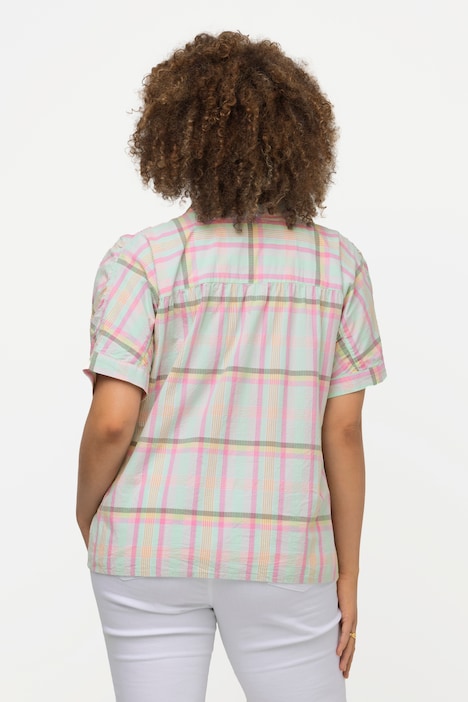 Bluse, Karomuster, Oversized, V-Ausschnitt, Halbarm
