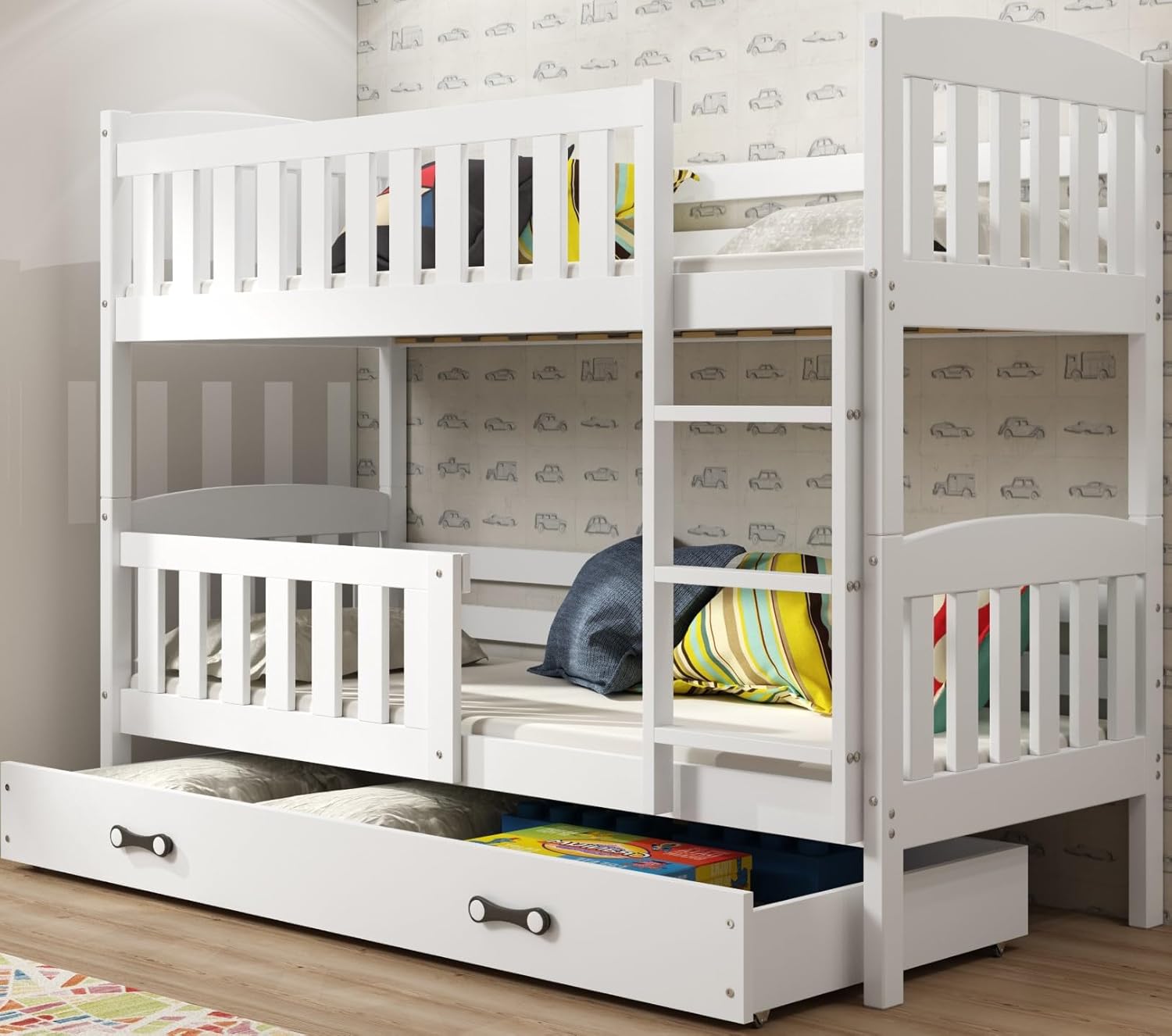 Interbeds Etagenbett 200x90cm Hochbett Stockbett mit Schublade Holzbett Kiefernholz Kinderbett Jugenbett mit Lattenrost und Rausfallschutz (weiß, 200x90) QN5602763