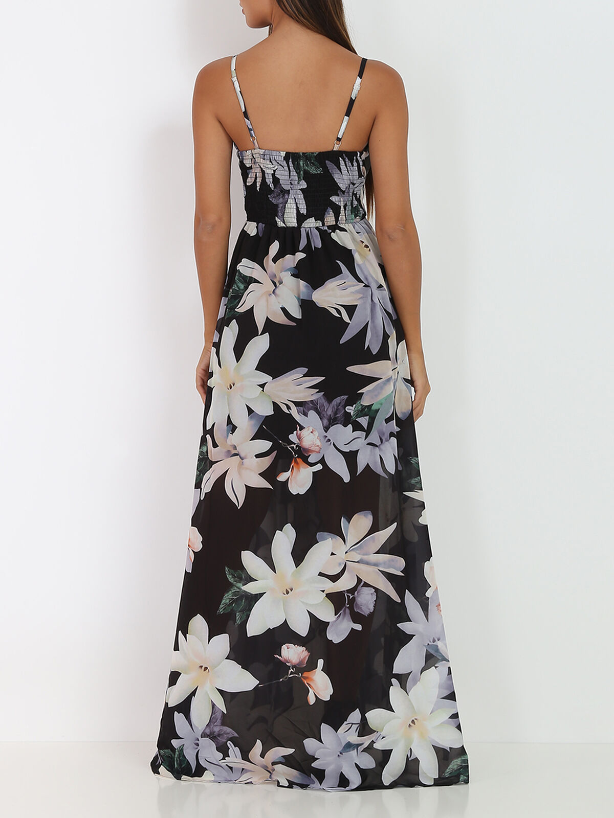 Robe longue fendue asymétrique à fleurs- Noir