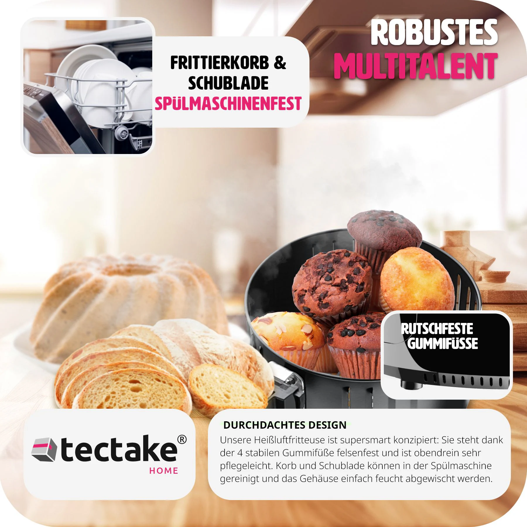 tectake® Heißluftfritteuse, 3,6 l, Timer und Temperatursteuerung, SGS-Zertifikat, inklusive Rezeptheft