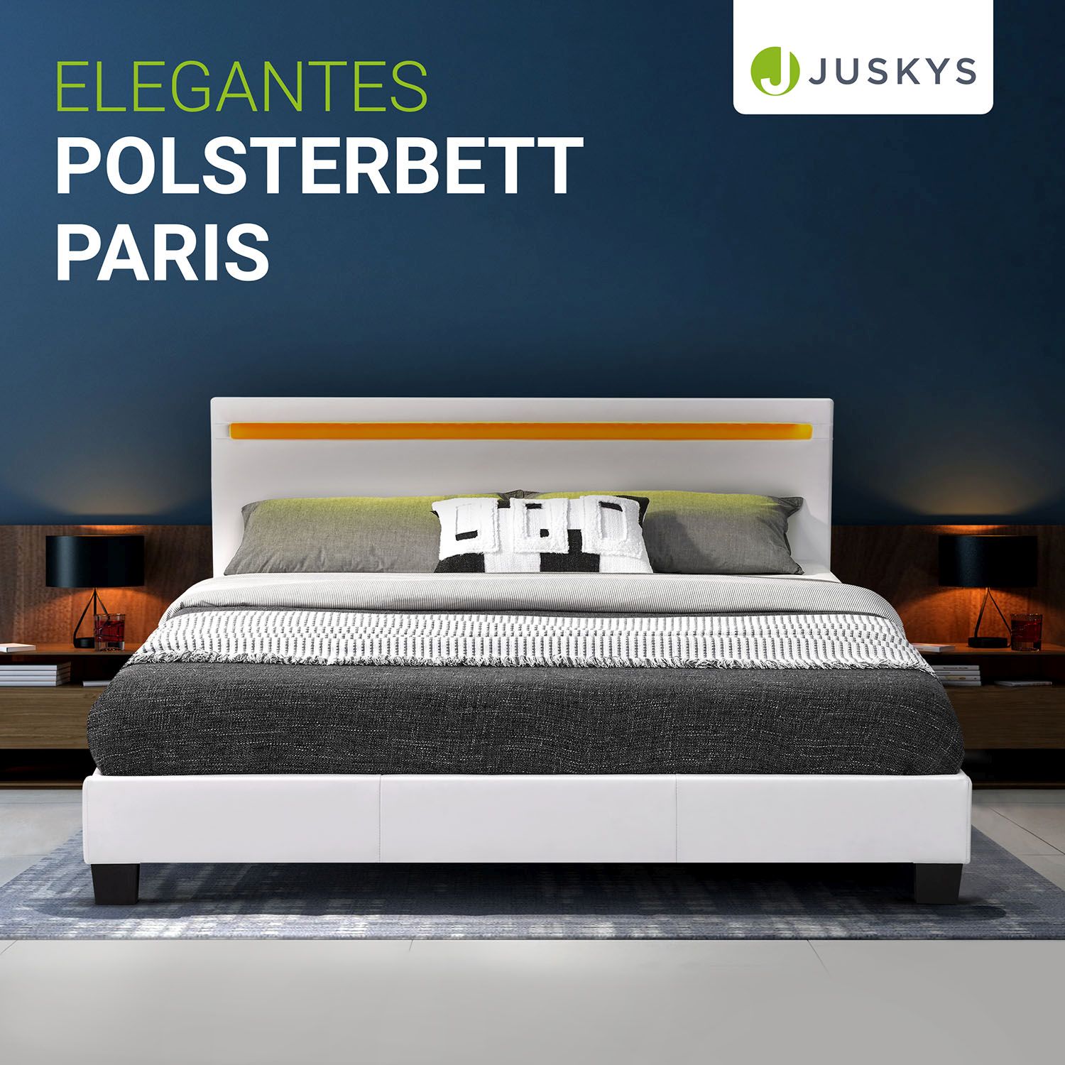 Juskys Polsterbett Paris 140 x 200 cm weiß – Bett mit LED Beleuchtung, Lattenrost & Kopfteil