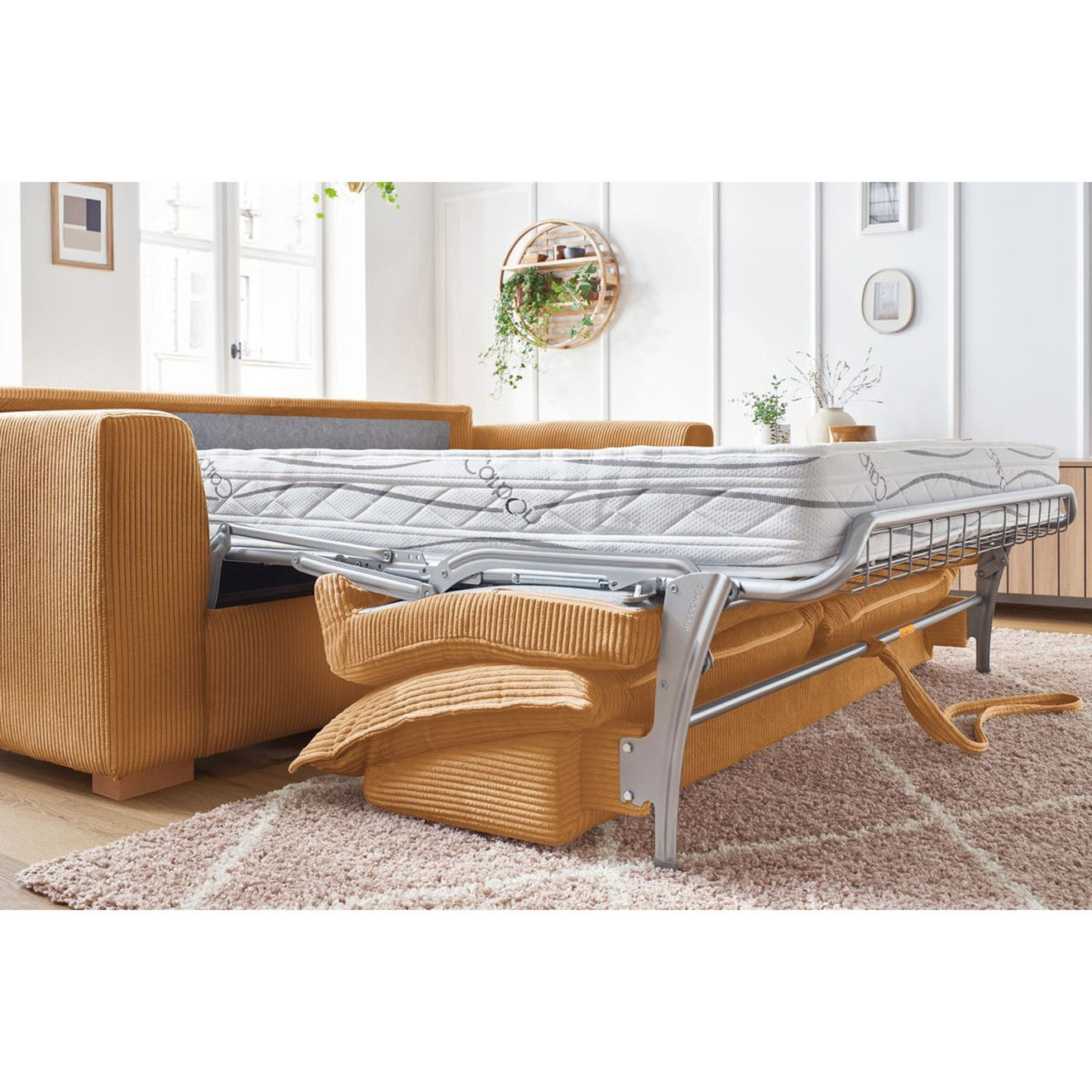 Bobochic Canapé droit convertible express en Velours côtelé 3 places Augustin jaune - 205x96x97 cm
