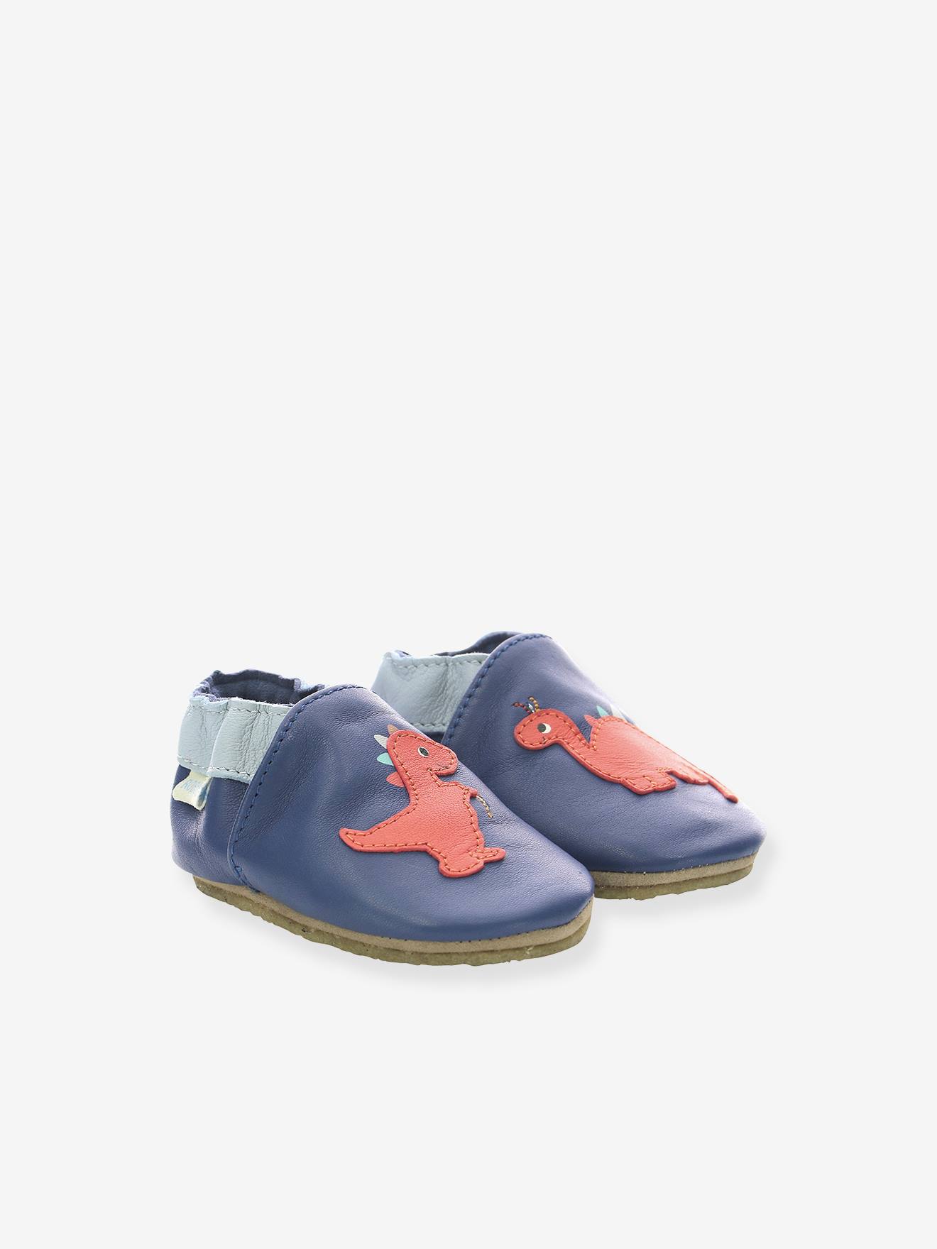 Pantufas de bebê ROBEEZ© Dino Time em couro leve, azul escuro liso com estampas.