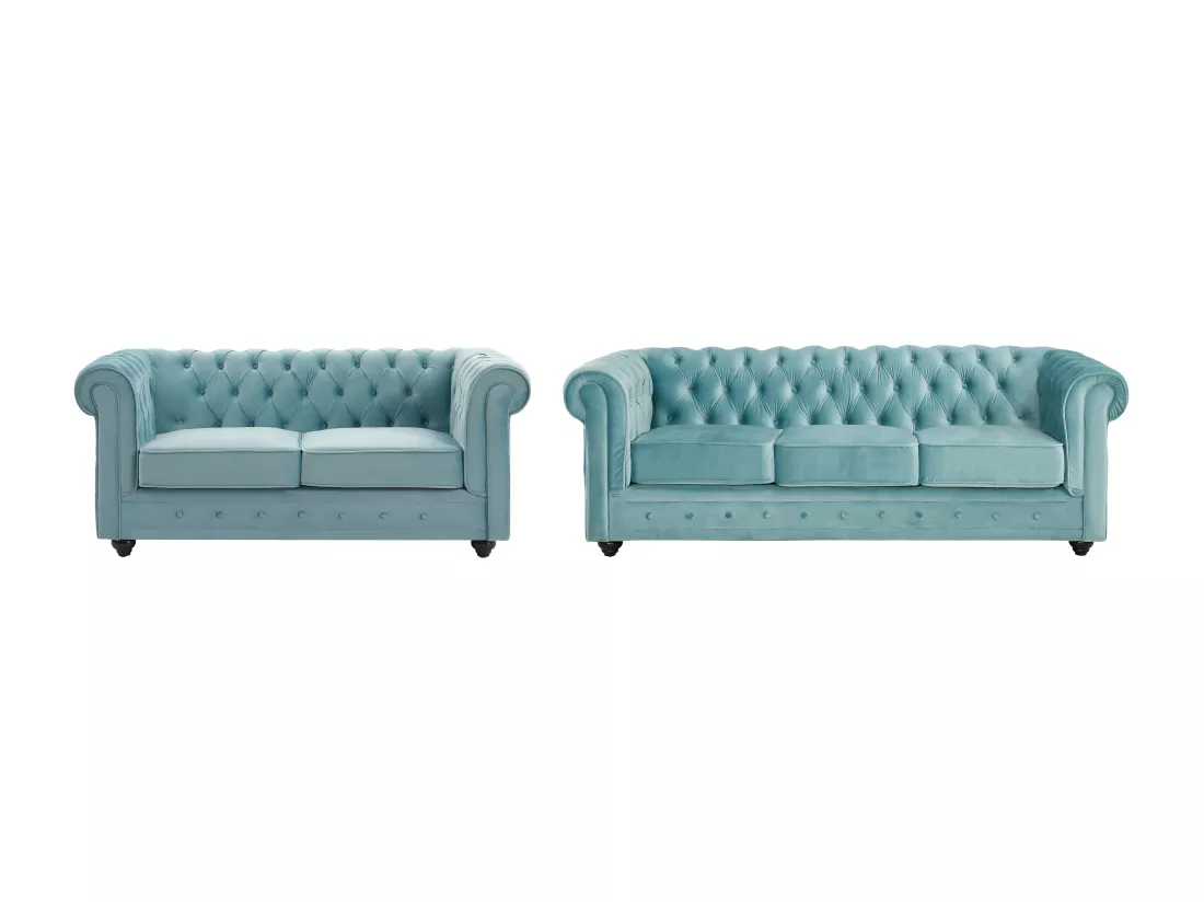 Canapés 3 places et 2 places en velours bleu pastel CHESTERFIELD