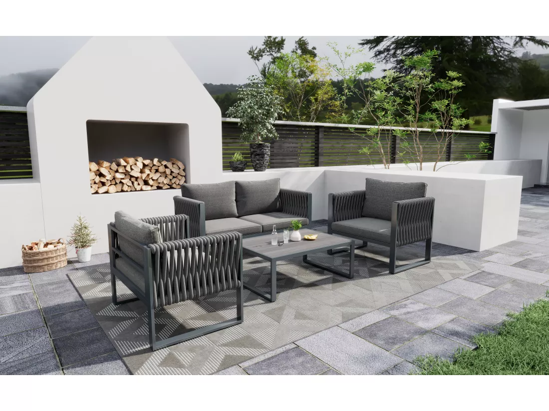 Ensemble salon de jardin en fer galvanisé: 1 canapé + 2 fauteuils + 1 table basse - Coussins rembourrage 9 cm - Gris