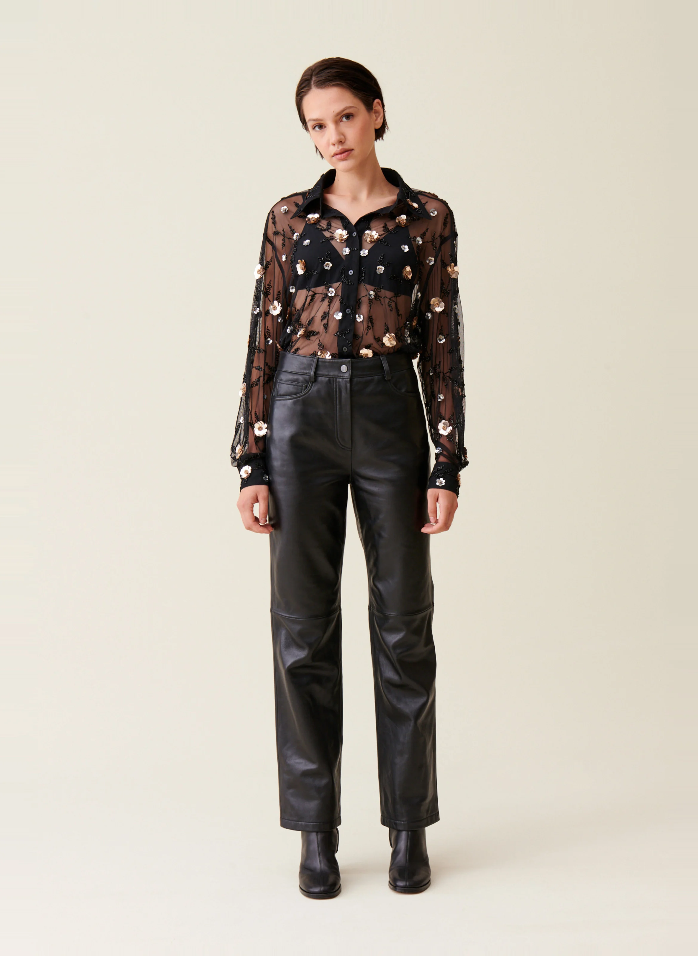Chemise droite transparente brodée | Noir