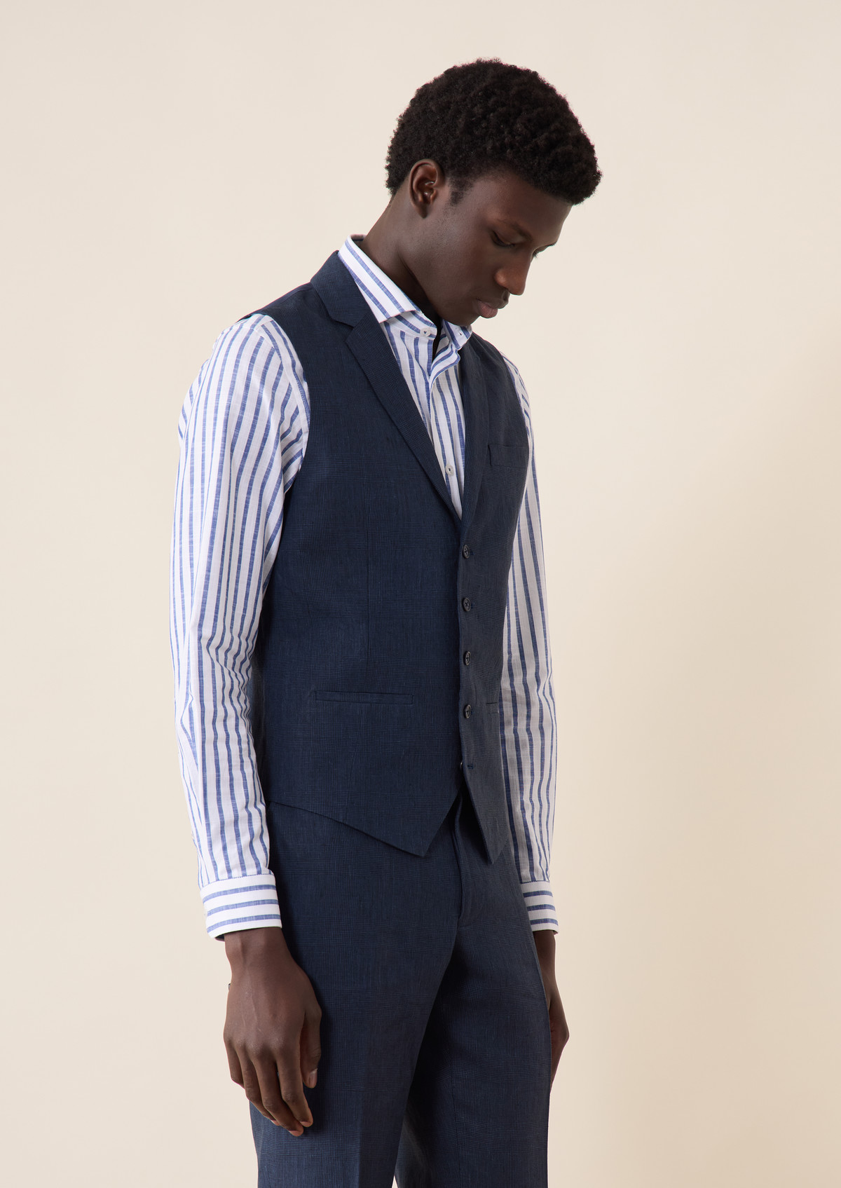 Gilet casual en lin bleu marine Prince de Galles