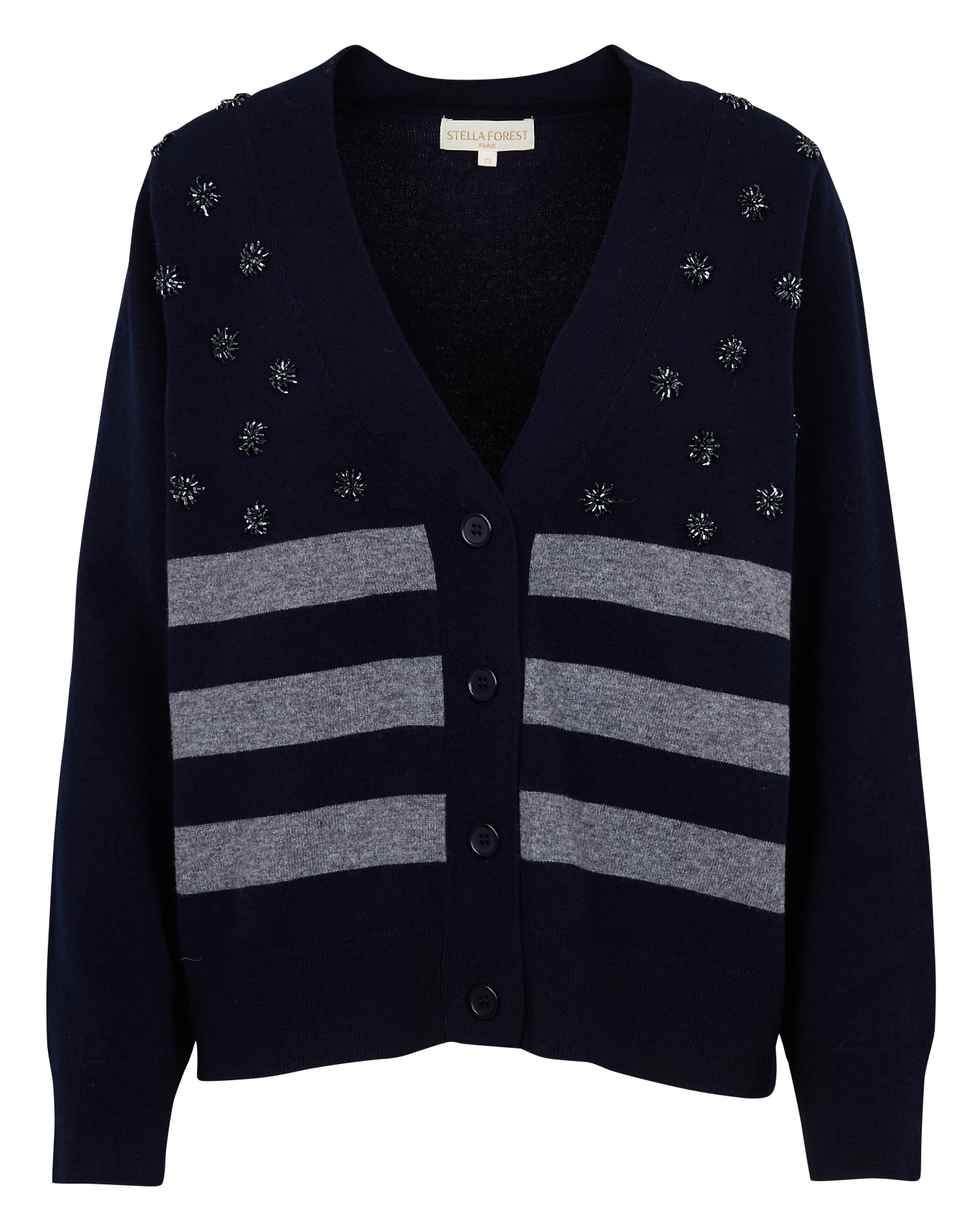 LILOU - Gilet col V ample en laine à rayures | Bleu