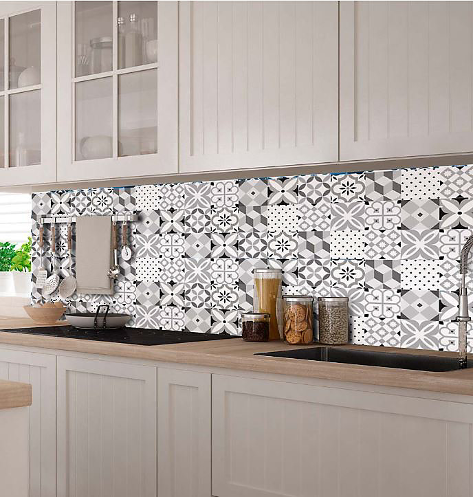8 carreaux adhésifs motif fleur blanche sur fond gris L.10 x H.10 x l.0,4cm