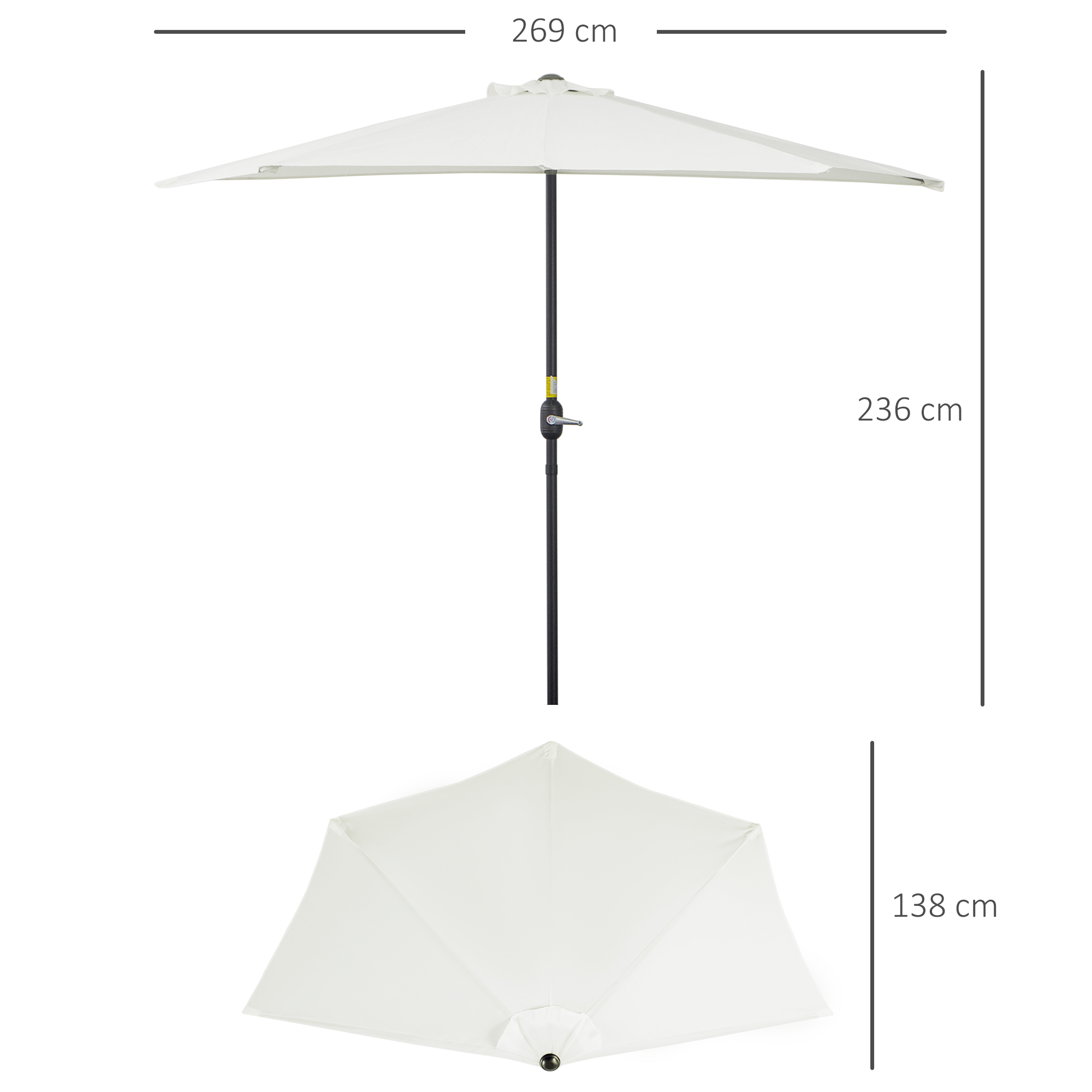 Guarda-sol Outsunny 269x138x236 cm para jardim, com manivela e formato semicircular, ideal para terraços, pátios e piscinas ao ar livre, na cor creme.