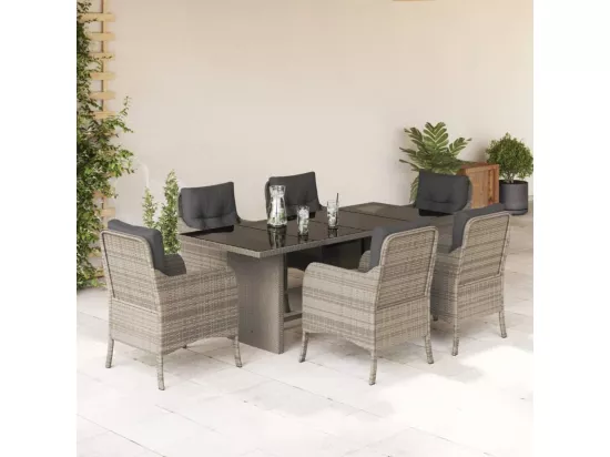 Ensemble à manger de jardin et coussins 7 pièces gris clair rotin