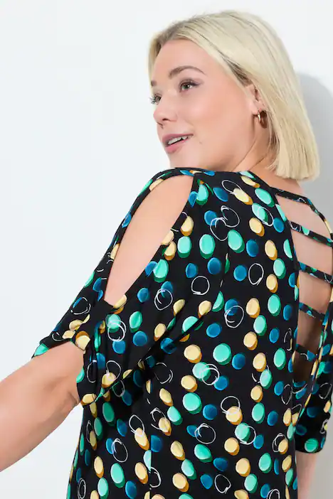 Strandkleid, Punkte, Zierbänder, V-Ausschnitt, Halbarm, schwarz