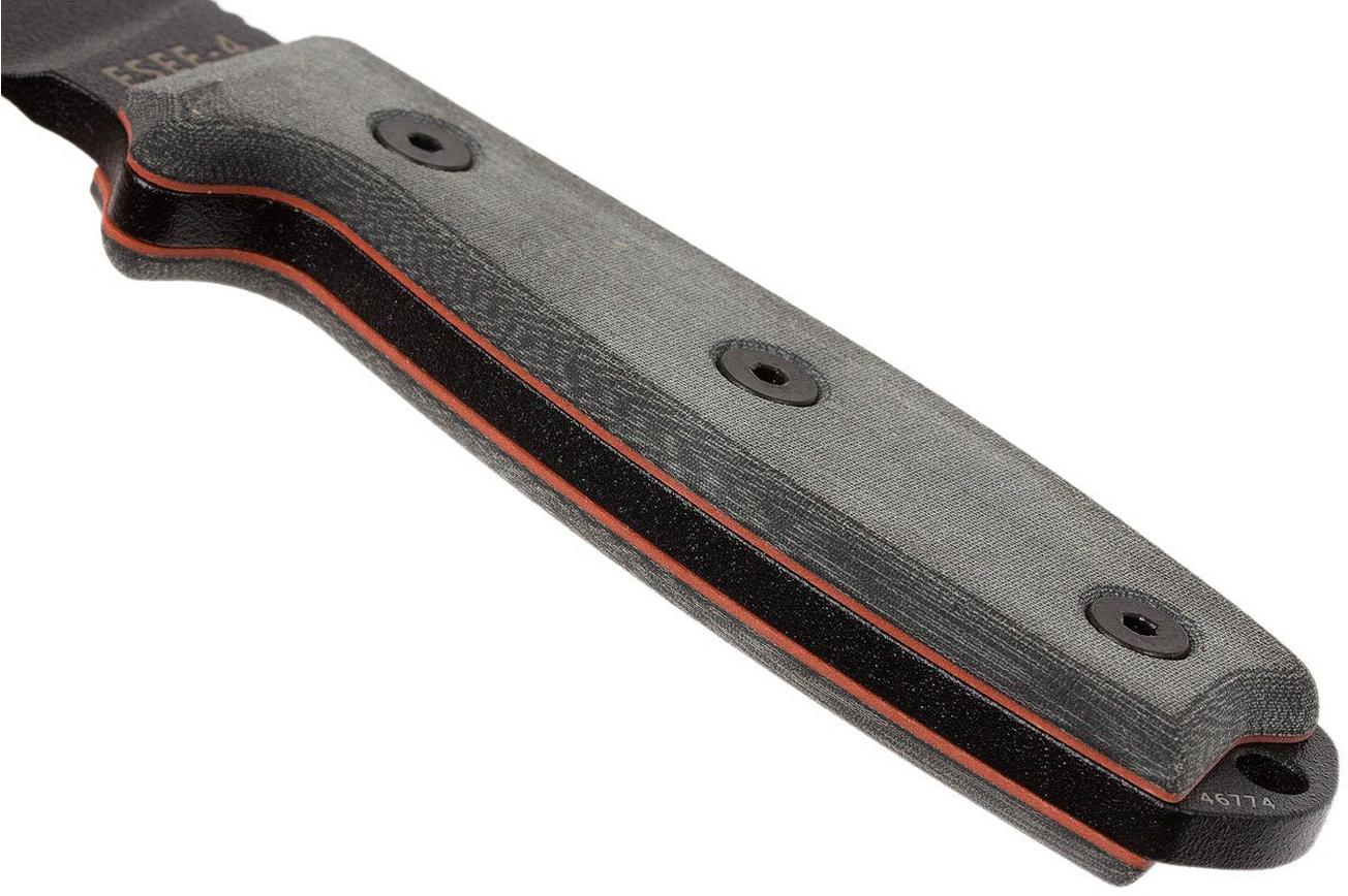 ESEE Model 4 black blade, grey handle 4P-MB met coyote schede   clip en MOLLE-back