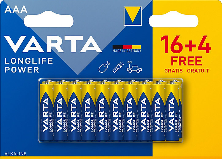 Pile alcaline AAA (LR03) Varta Long-life Power D, lot de 20