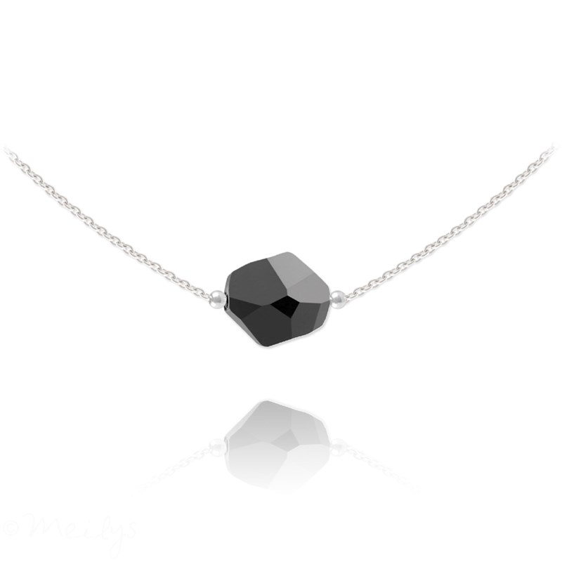 Collier ras du cou en argent 925 rhodié avec crystal noir
