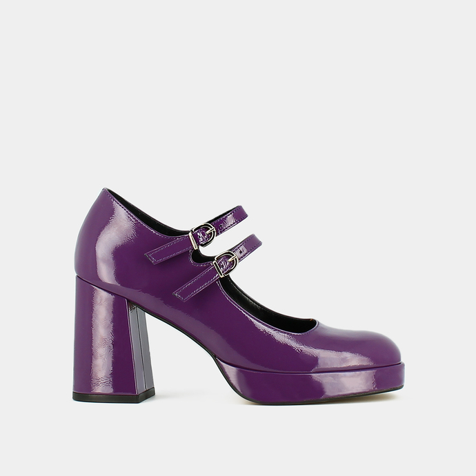 Babies à doubles brides et plateformes  en vernis plissé violet