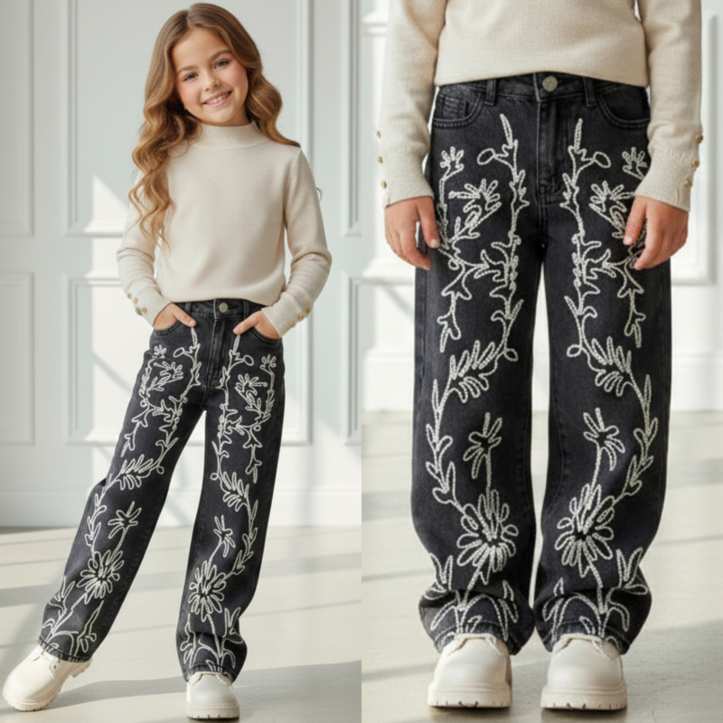 Floral Stitch Wide Leg Jeans – Zwart