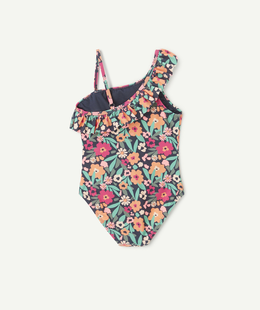 MAILLOT DE BAIN 1 PIÈCE FILLE EN FIBRES RECYCLÉES BLEU IMPRIMÉ FLEURS