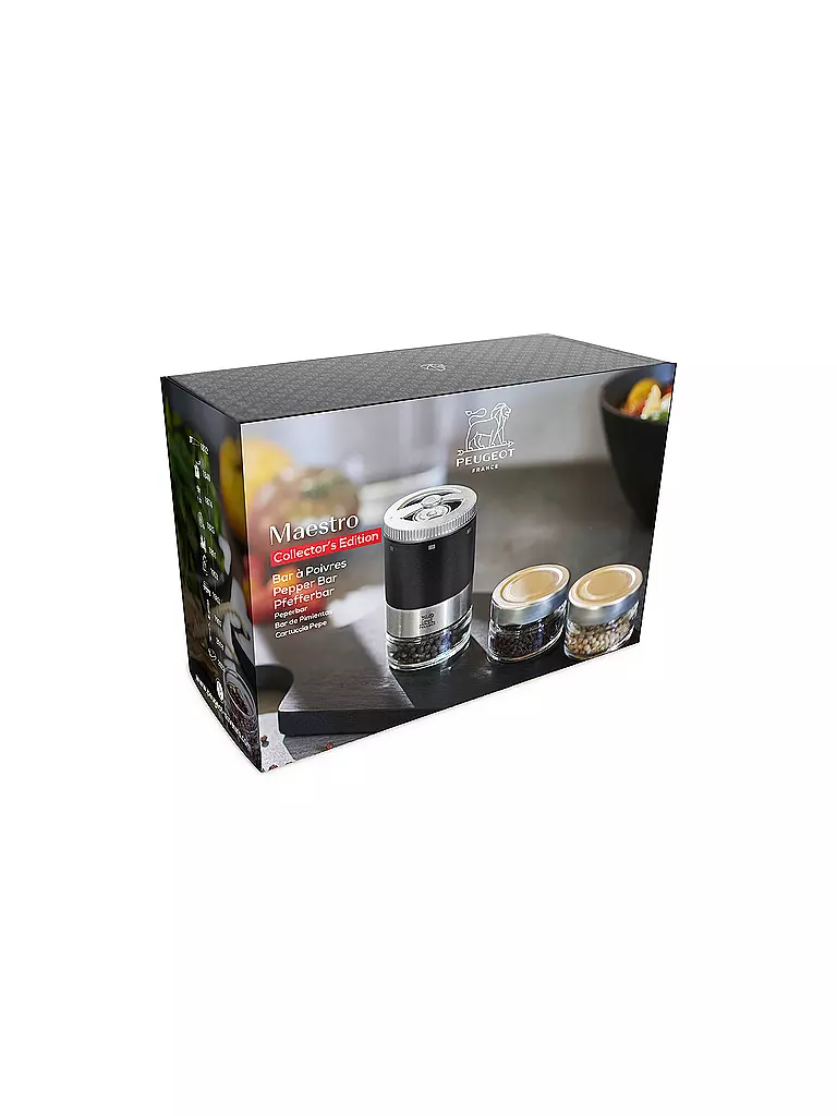 PEUGEOT Pfeffermühle U'Select, Pfefferbar, inkl. 3 Premium-Pfeffern im Vorratsglas, Rezeptbuch & Stift zur Beschriftung Schwarz Ma  schwarz