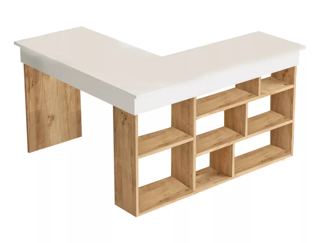 Bureau d'angle avec rangements - Coloris : Blanc et naturel - LILEUL