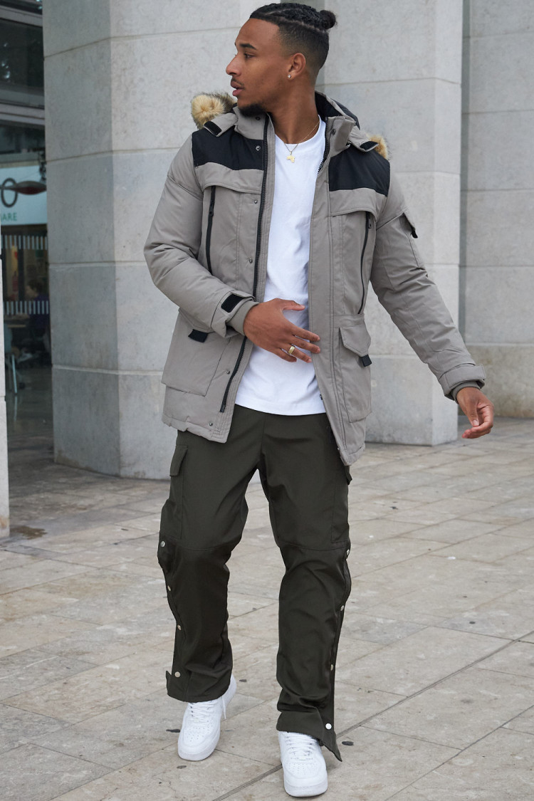 Parka bi-matière beige à capuche en fourrure