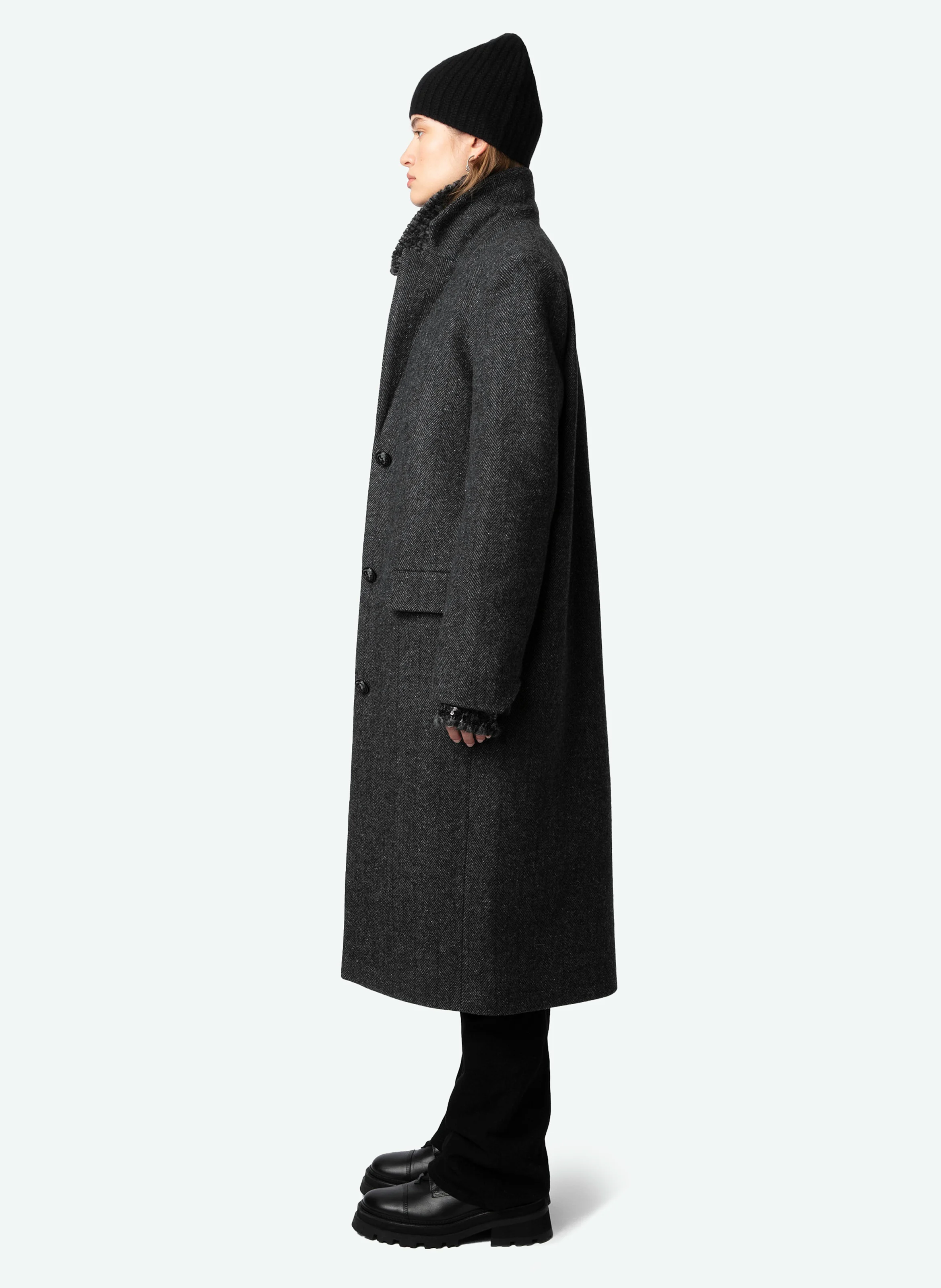 MIO - Manteau long droit en laine recyclée | Gris