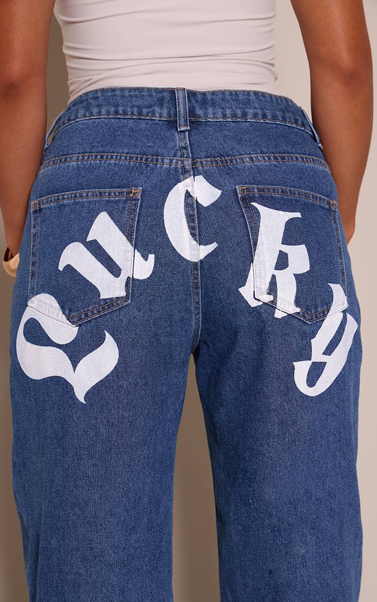 Indigo Blue Wash Jean En Denim Large Indigo Délavé Taille Basse Imprimé Graphique Délavé Shape