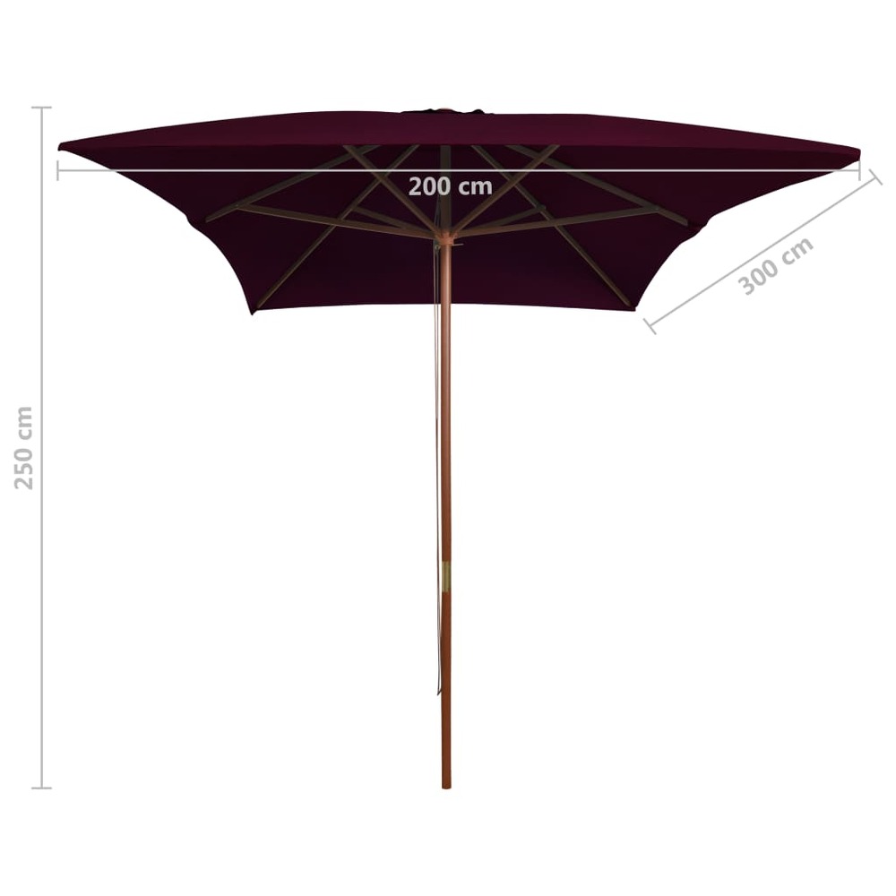 Parasol d'extérieur avec mât en bois 200 x 300 cm rouge bordeaux