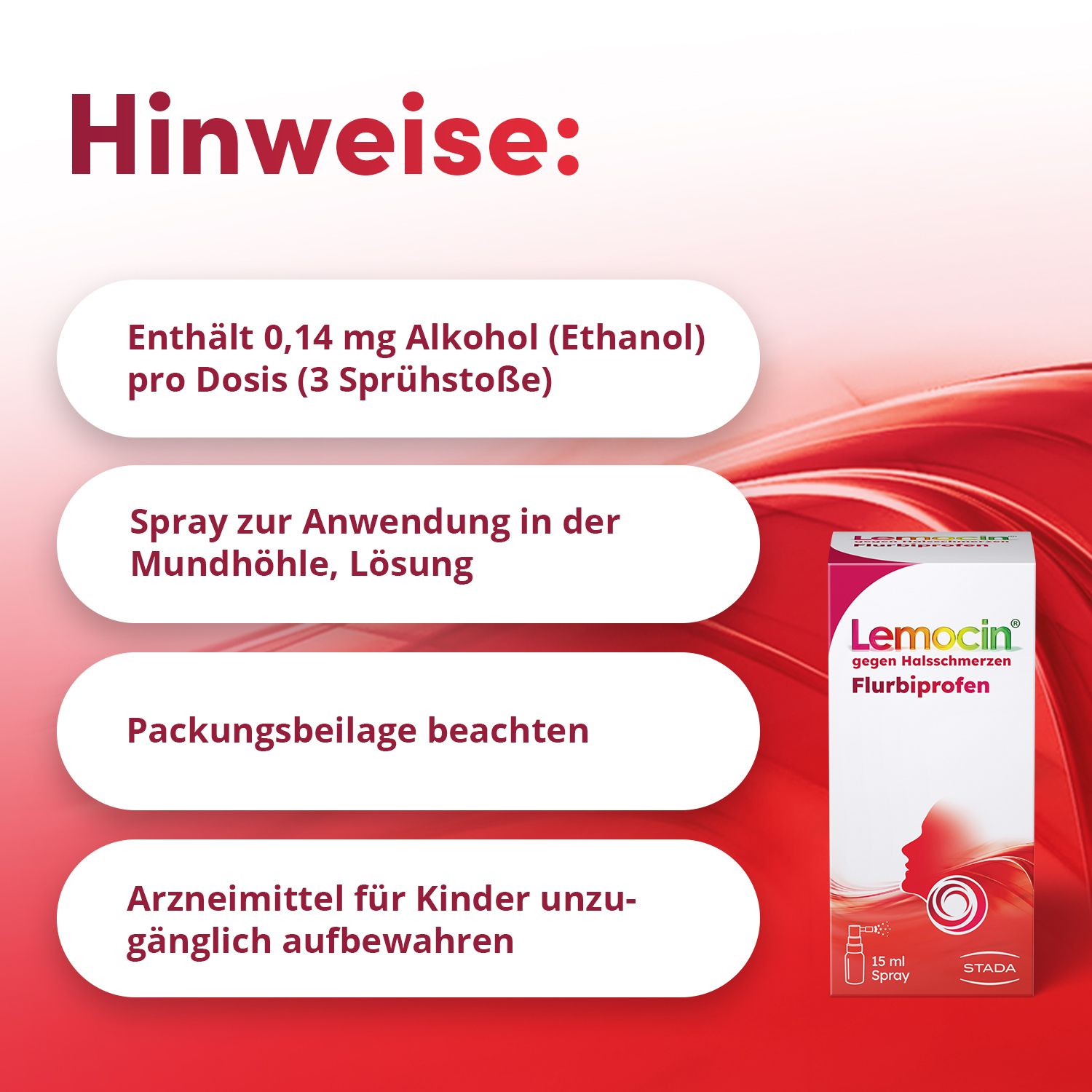 Lemocin® Flurbiprofen Spray gegen Halsschmerzen – schmerzlindernd & entzündungshemmend bis zu 6 Stunden, angenehmer Kirsch-Minz-Geschmack – für Erwachsene ab 18 Jahren