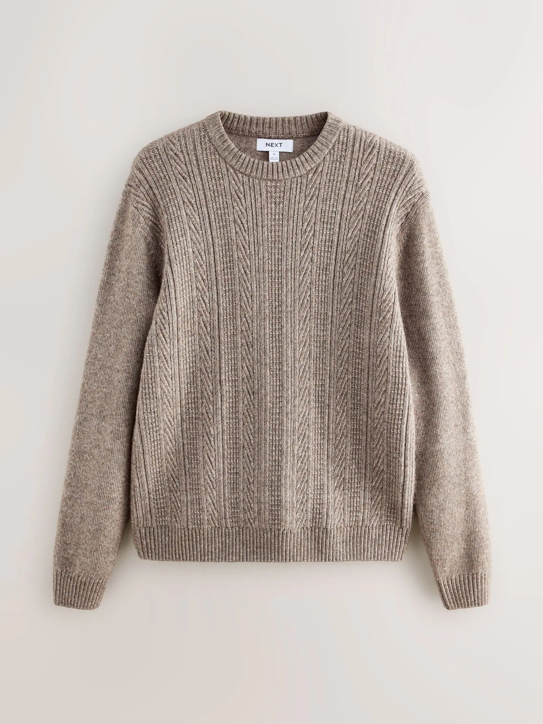 Donker kiezelkleurig - Regular Fit Cable Knit Crew Neck Jumper with Wool