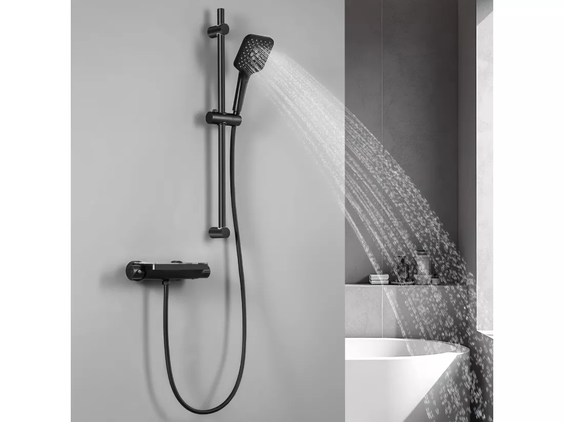 Colonne de Douche Thermostatique 38°C Avec Table de Rangement en Verre Trempé, Ensemble de Robinetterie Thermostatique Murale, Noir