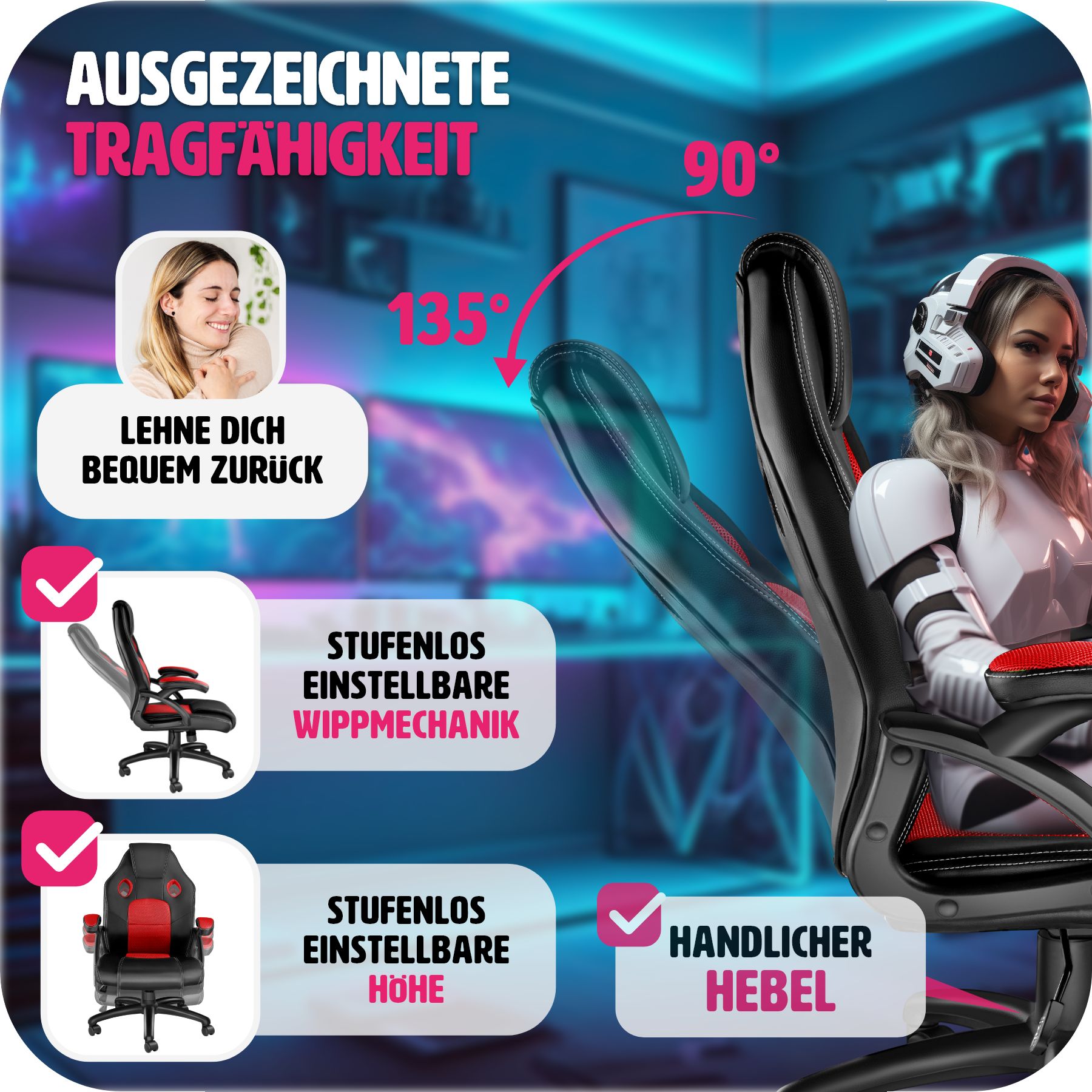 tectake® Bürostuhl, ergonomische Form, Kunstlederbezug mit Mesh-Gewebe, stufenlos höhenverstellbar