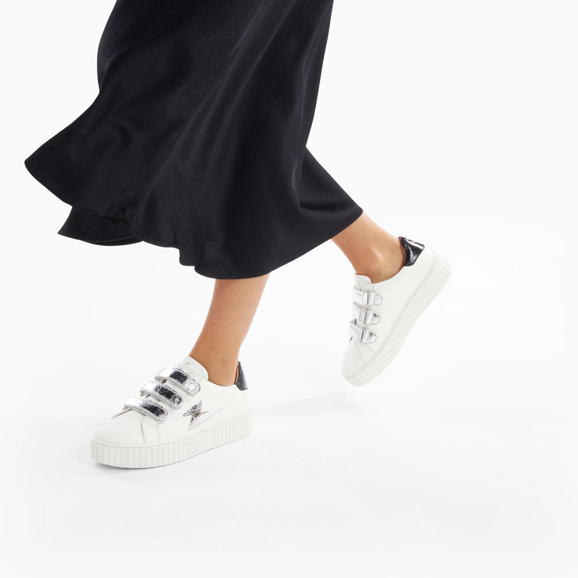 Sneakers-Baskets éclair Marilou blanc et argent à scratchs