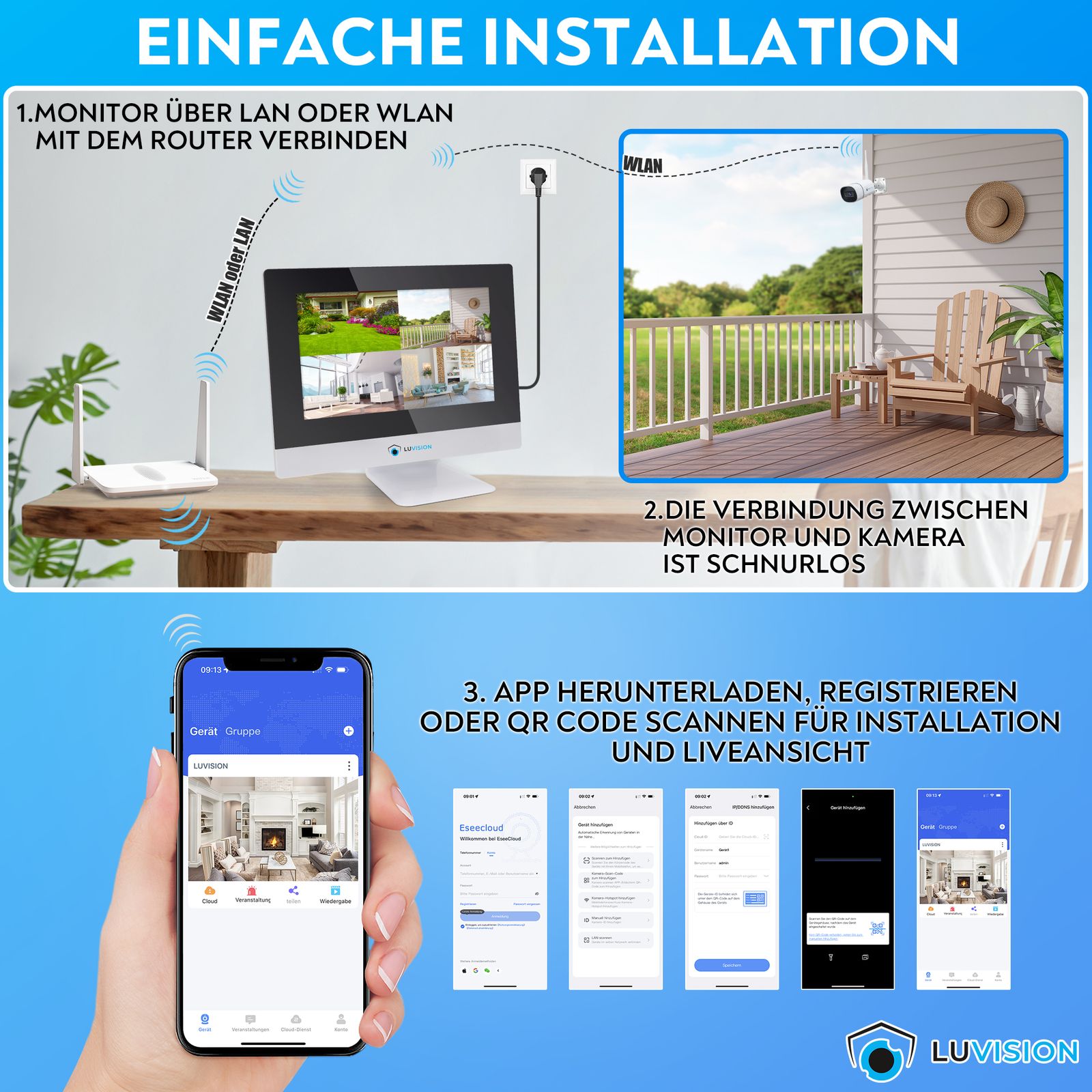 LUVISION WLAN Funk Kamera Set Überwachungssystem mit Monitor HDD-Rekorder & Cloud Speicher 4 bis 8 IP Kameras & App