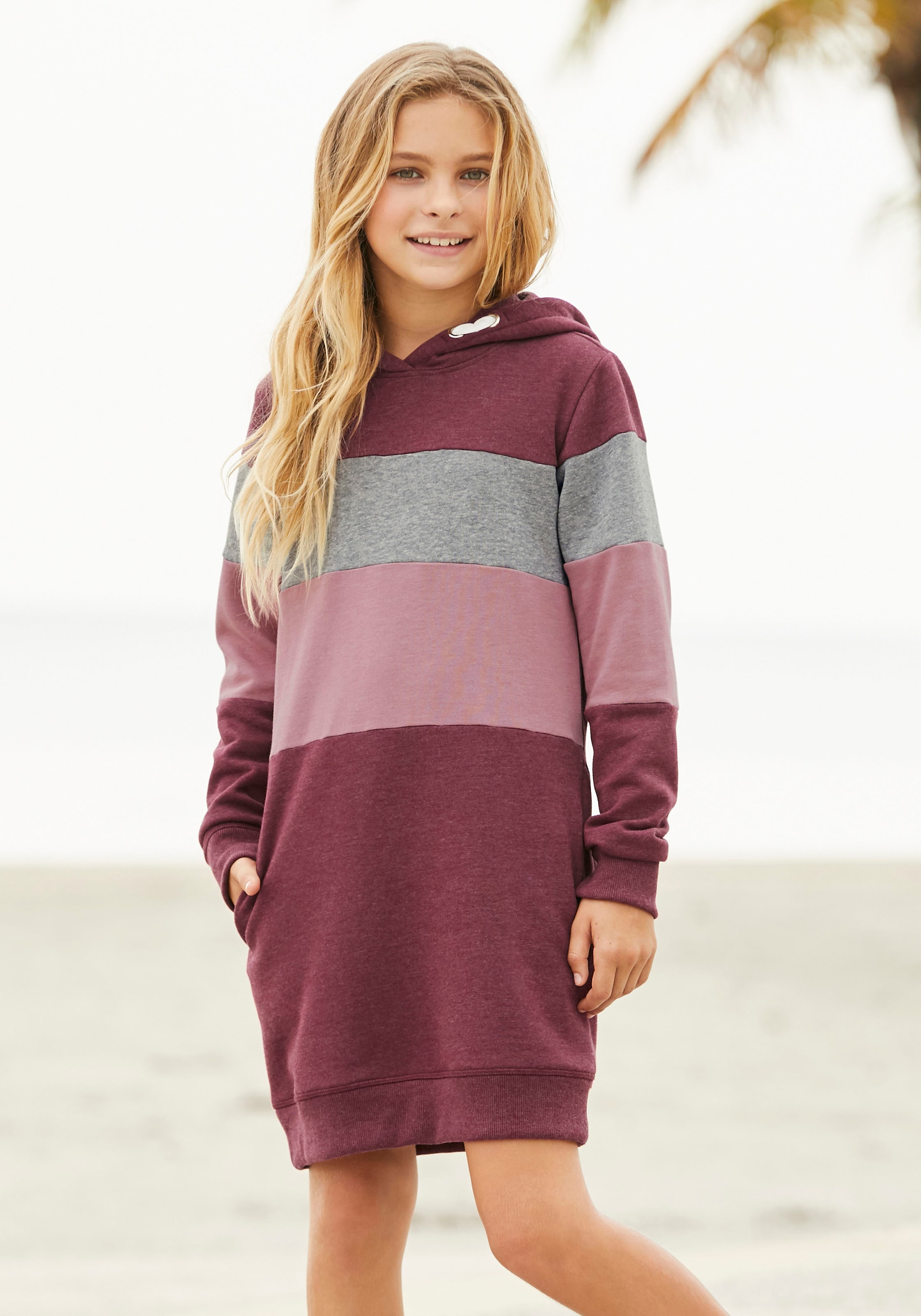 KIDSWORLD Sweatkleid Eingrifftaschen lang,  sportliches Streifendesign,  aus Baumwollmischung,  Langarm