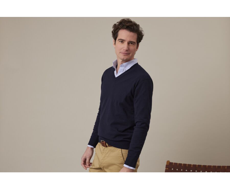 Pull fin homme col V coton bio/cachemire Navy - VALTON